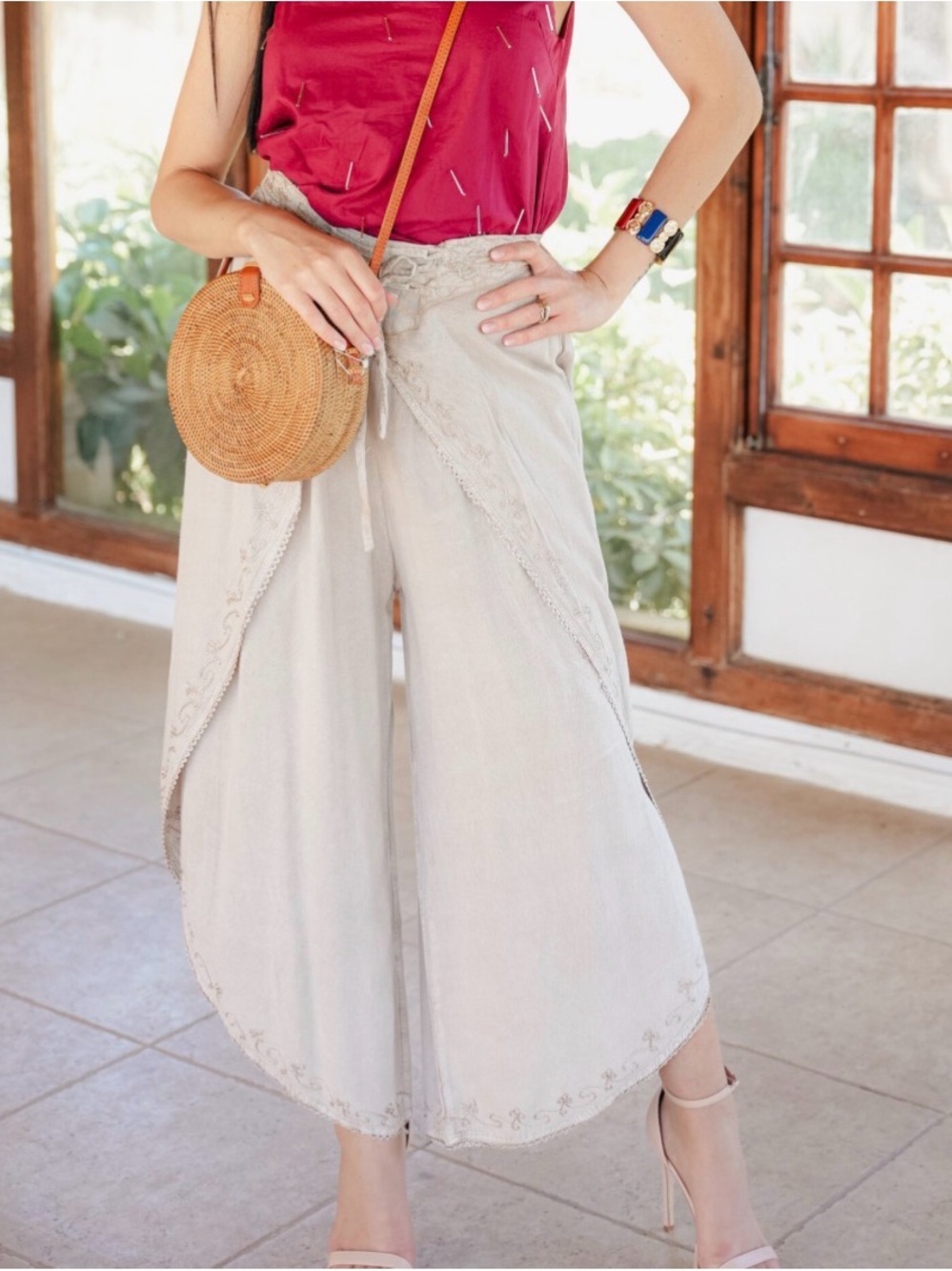 Boho Embroidered Tie-Waist Wide Leg Pants in Taupe one size - Picture 3 of 10